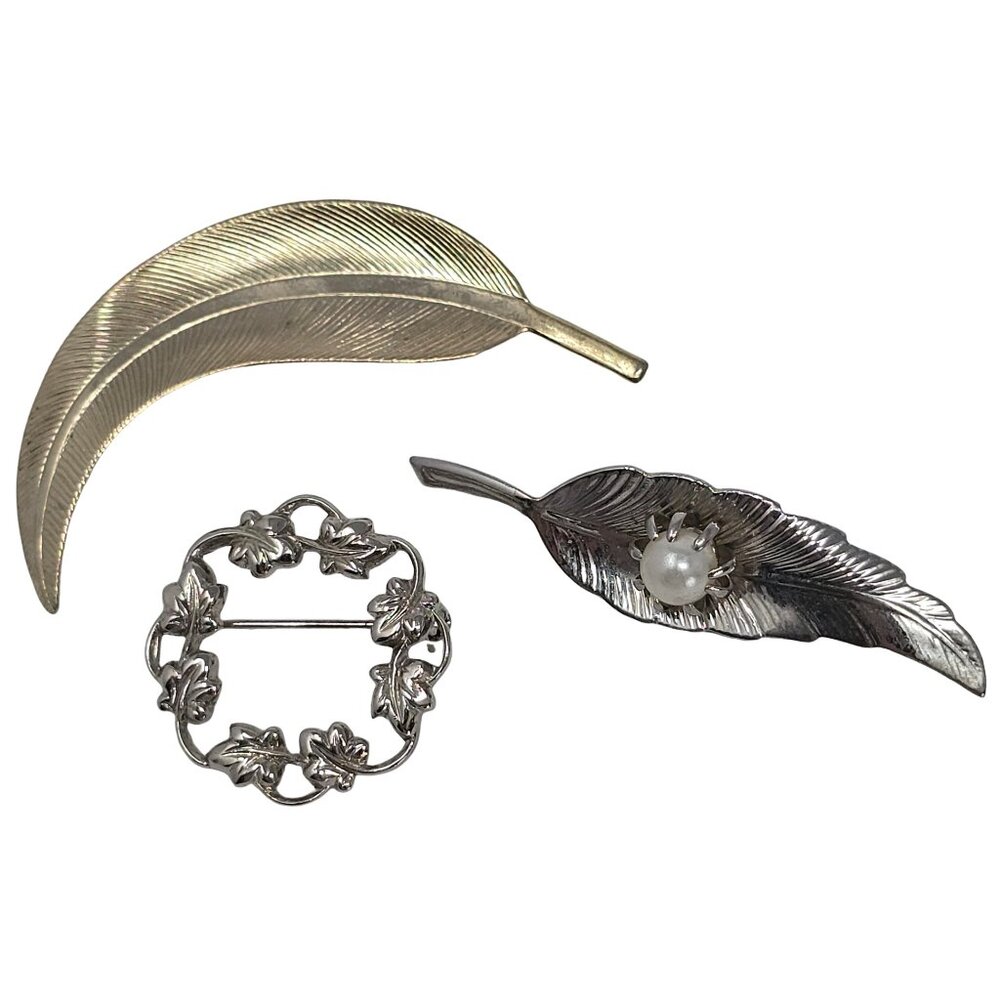 Vintage Silver Tone Leaf Brooch Pin Lapel Pin Autumn Costume Jewelry Set